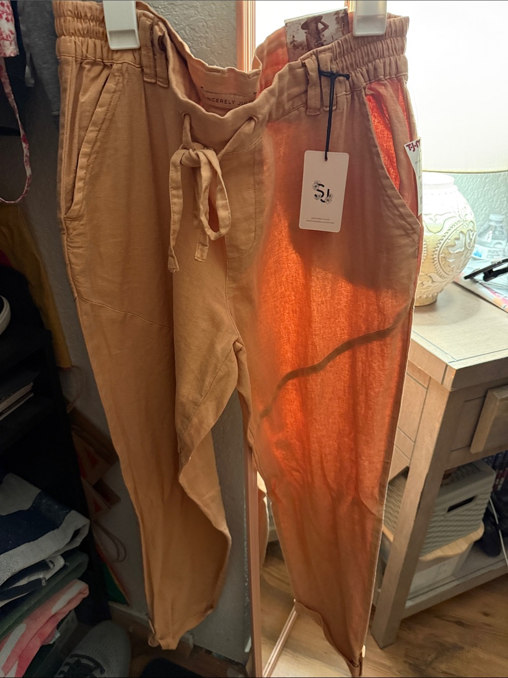 Sincerely Jules Two-Tone Drawstring Joggers in Tan and Orange Wash